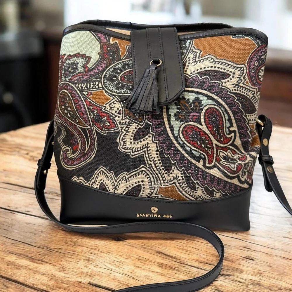 Spartina 449 Daufuskie Island Paisley Crossbody Bucket Bag Tassel Linen Leather